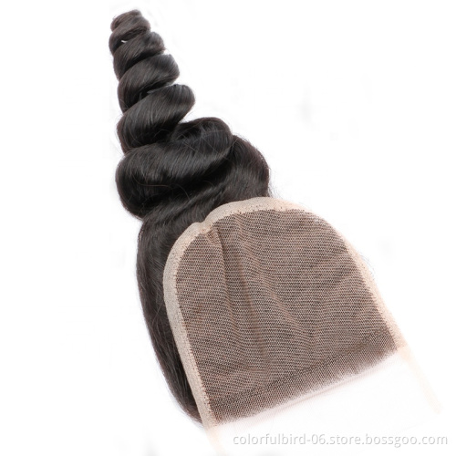 Wholesale  virgin remy hair loose wave 4*4 closure Swiss Lace Frontal natural color 4x4 lace Peruvian hair